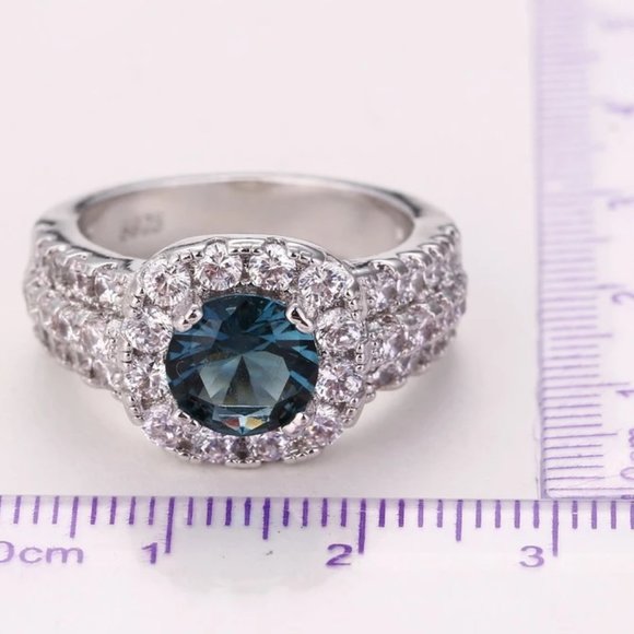 Stunning  2.5ctw Blue Sapphire / Diamond Halo Bridal Ring 925 Sterling Silver - Picture 12 of 16